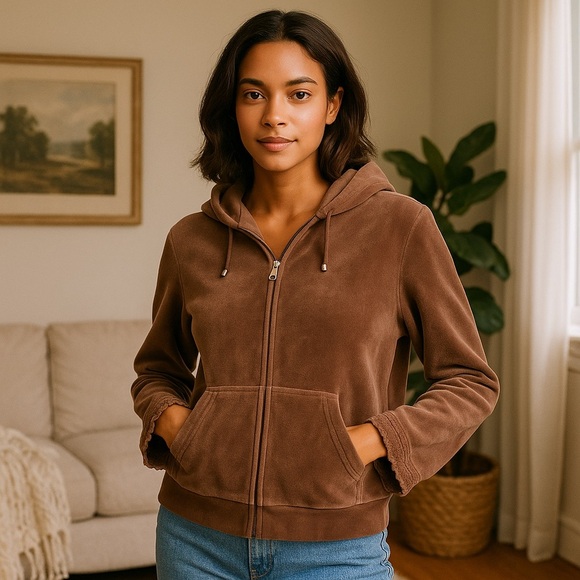 Retro Y2K Daisy Fuentes Brown Velour Zip Hoodie Lace Trim Size M - Picture 1 of 14